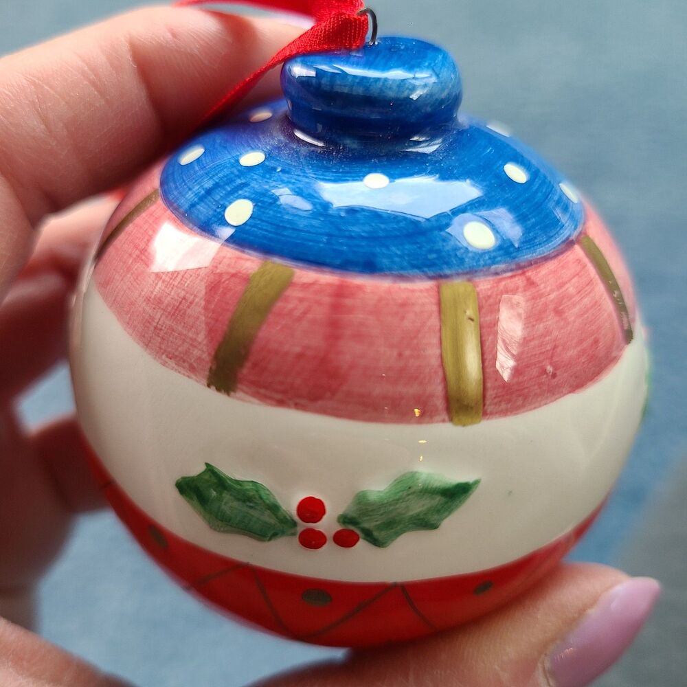 Vintage Hand-Painted Handmade Ceramic Christmas Ornament Holly Berry Red Ribbon